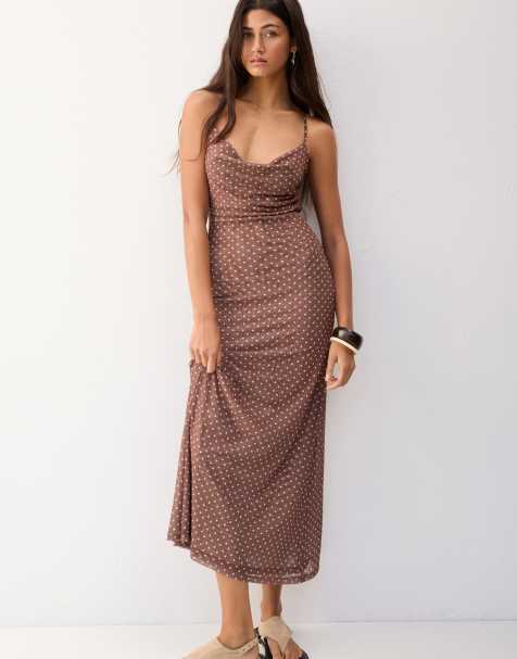 Pull&Bear - Midi jurk van tule met stippen in bruin - view 1