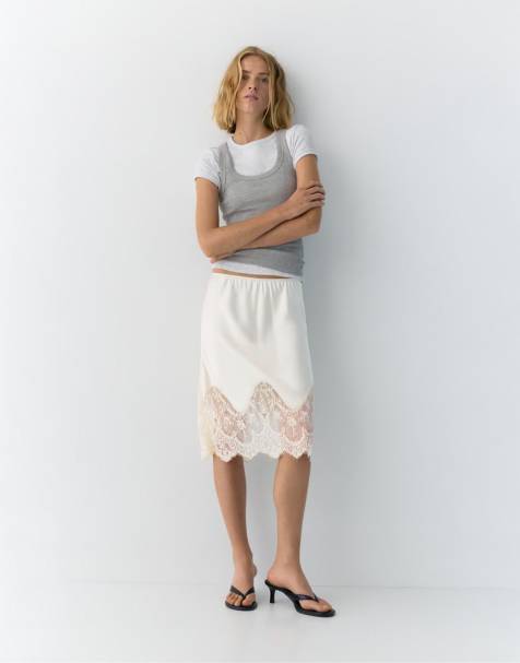 Pull&Bear - Midi rok met lingeriedetail in beige - view 1