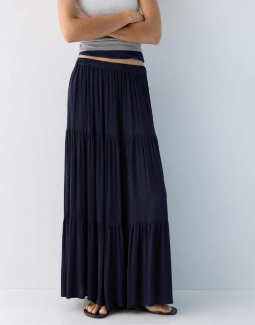 Pull&Bear - Midi rok met panden in marineblauw, 2 van 4
