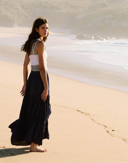 Pull&Bear - Midi rok met panden in marineblauw, 3 van 4