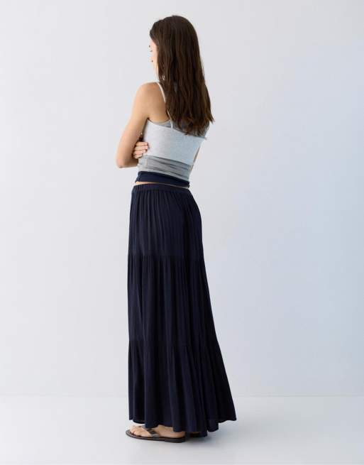 Pull&Bear - Midi rok met panden in marineblauw, 4 van 4