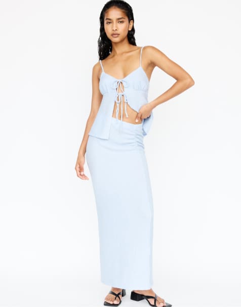 Pull&Bear midi skirt with gathered waist in pale blue