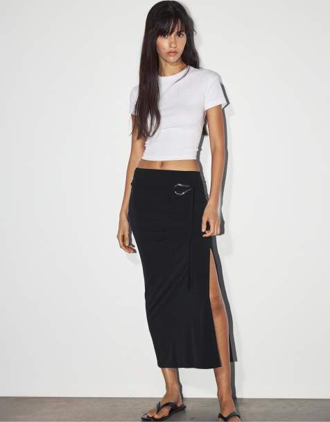 Pull&Bear Midi skirt with metallic buckle in black - view 1