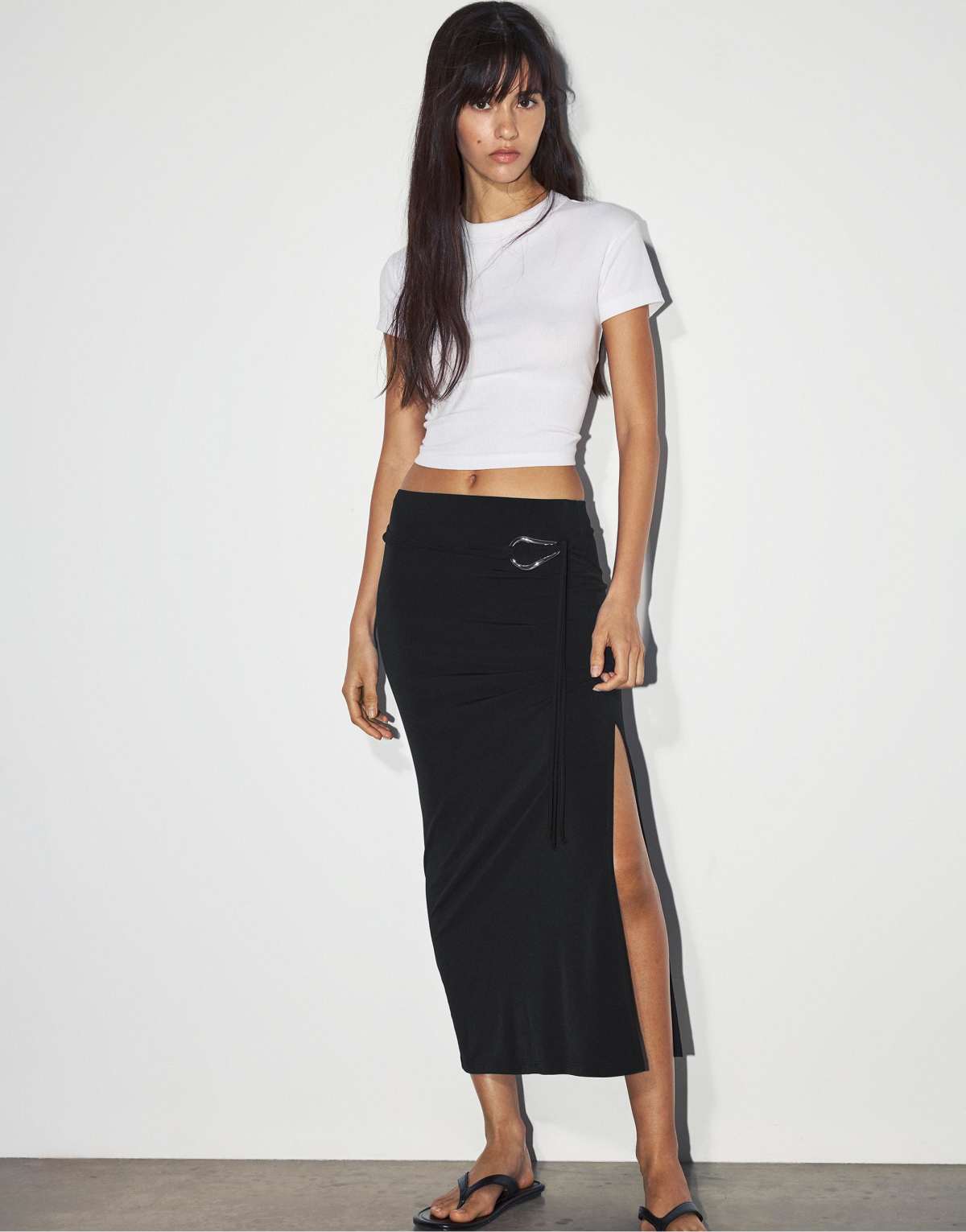Pull&Bear Midi skirt with metallic buckle in black