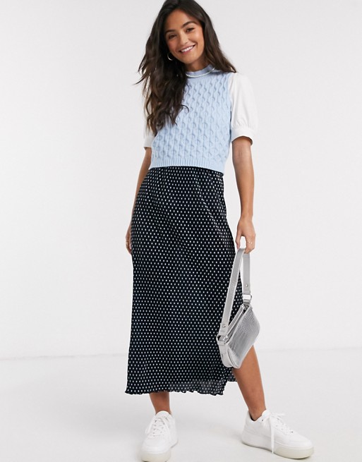 Pull&Bear midi spot print skirt in blue