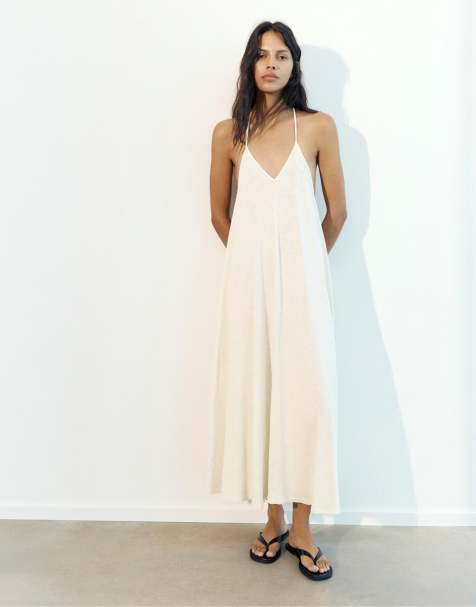 Pull&Bear midikjole med stropper i ryggen i beige - view 1