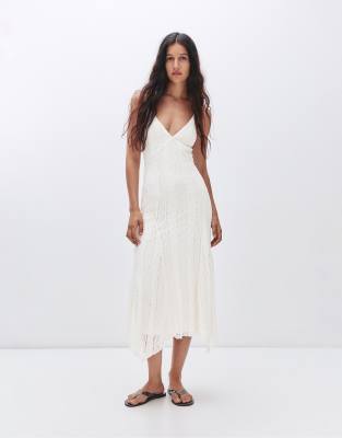 Pull & Bear - Midikleid aus beiger Spitze mit Riemchenträgern-Neutral