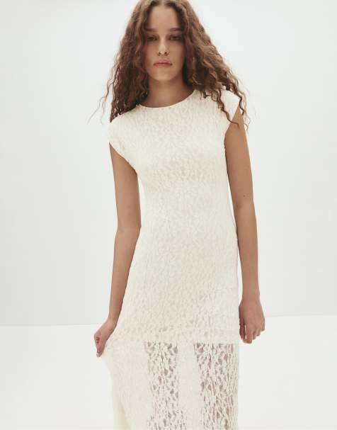Pull&Bear – Midikleid aus Spitze in Weiß - view 1