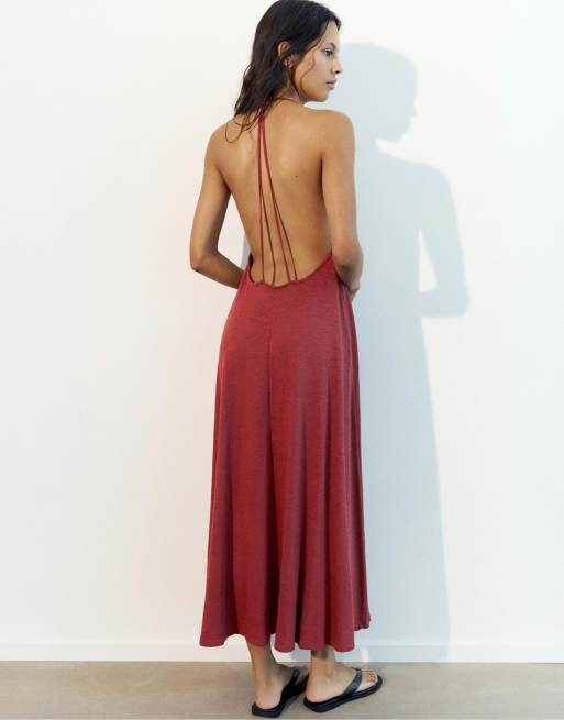 Pull&Bear – Midikleid in Rotbraun mit Riemchen am Rücken, 2 von 7