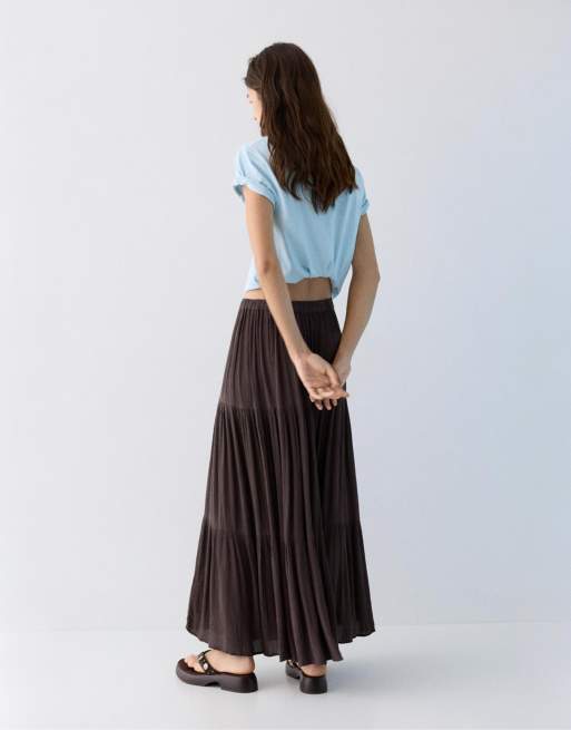 Pull&Bear – Midirock in Braun mit Bahnendesign, 3 von 4