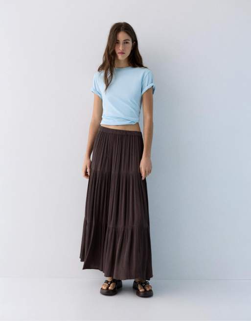 Pull&Bear – Midirock in Braun mit Bahnendesign, 4 von 4