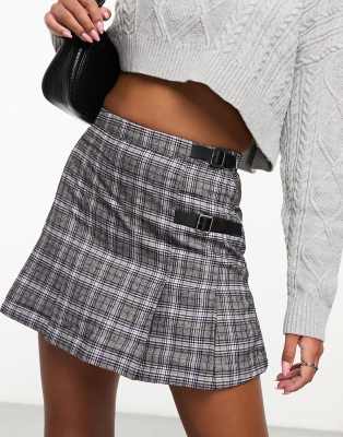 PULL & BEAR MINI CHECK SKIRT IN BROWN-GRAY