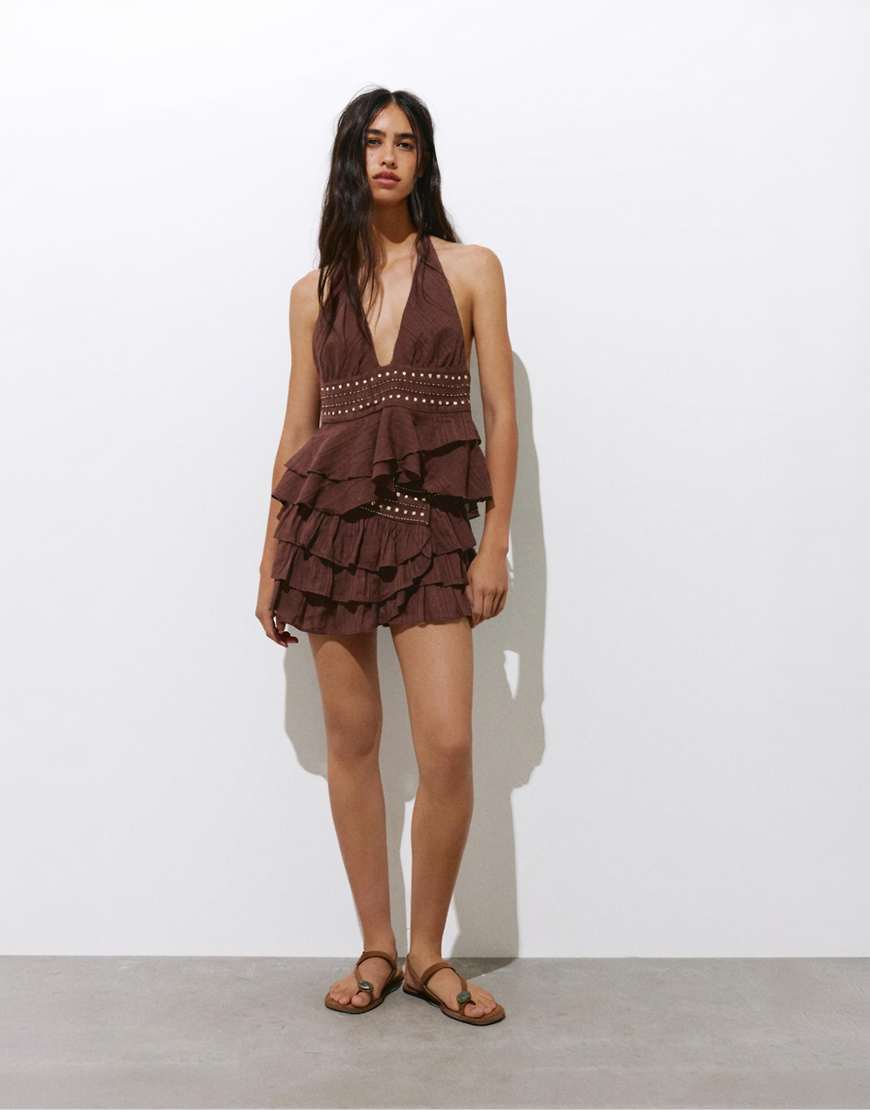 Pull & Bear - Mini-jupe à volants et clous - Marron XS