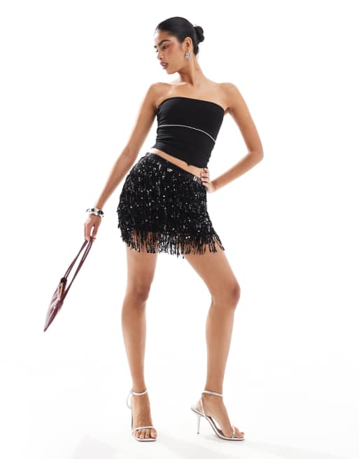 Pull&Bear - Mini-jupe avec franges à sequins - Noir