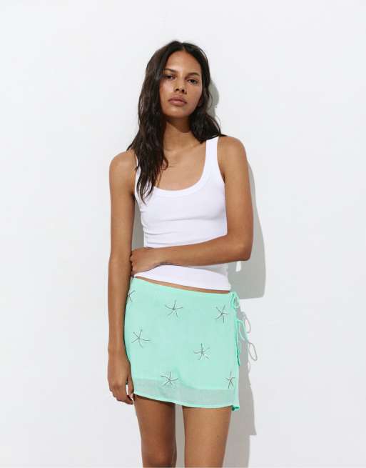 Pull&Bear - Mini-jupe paréo ornée de perles - Turquoise, 3 de 4