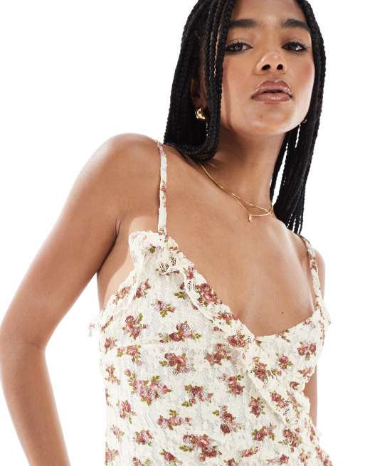 Pull&Bear - Mini jurk met ruches aan de randen en overslag in ecru met bloemenprint, 2 van 4