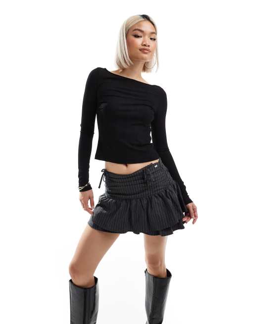 Pull&Bear - Mini rok met strikdetail en krijtstreep in donkergrijs