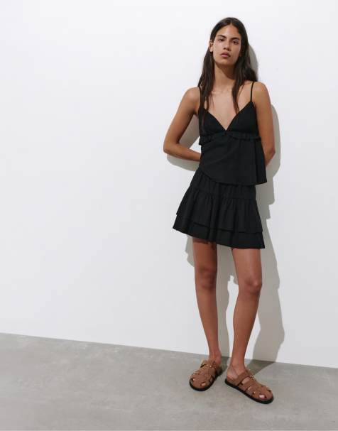 Pull&Bear - Mini rok van linnenmix met ruches in zwart - view 1