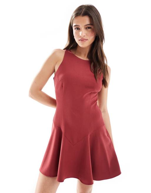 Pull&Bear - Mini skaterjurk met verlaagde taille in rood, 4 van 4