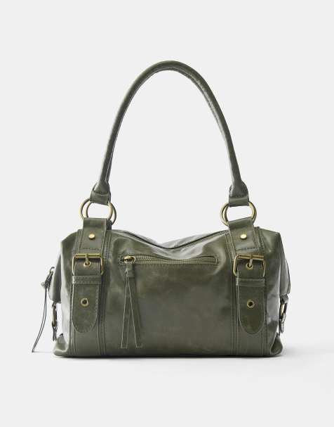 Pull&Bear – Mini-Tragetasche in Khaki mit Schnallen - view 1