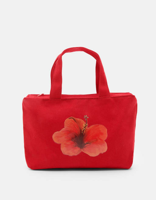 Pull&Bear – Mini-Tragetasche in Rot mit Hibiskusblütenmotiv