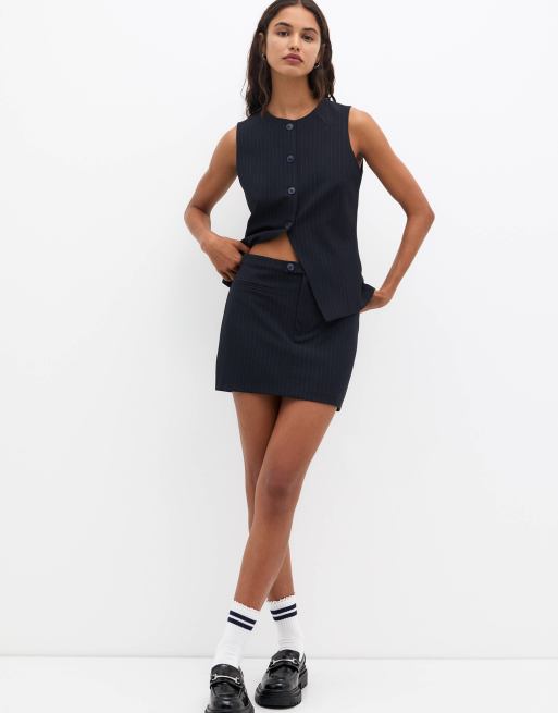 Pull&Bear - Minigonna sartoriale blu navy gessato in coordinato