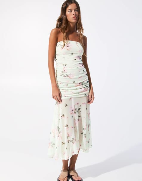 Pull&Bear - Mintgrøn bandeau-kjole med blomstermønster i mesh - view 1