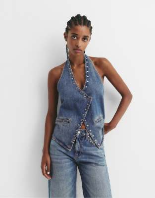 Pull & Bear - Mit Nieten besetztes Neckholder-Top in Dunkelblau