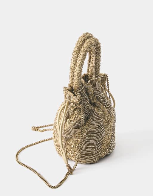 Pull&Bear – Mit Perlen besetzte Handtasche in Gold, 4 von 4