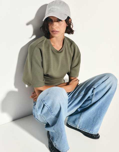 Pull&Bear modal T-shirt med batwing-ærmer i khaki - view 1