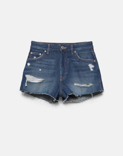 Pull&Bear Mom fit ripped denim shorts in dark blue - view 1