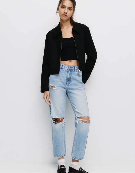 Pull&Bear – Mom Jeans in Blau mit Zierrissen - view 1