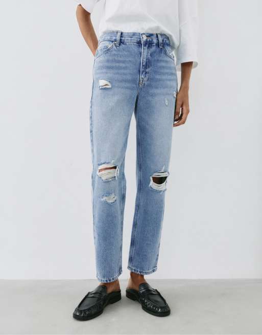 Pull&Bear – Mom-Jeans in Indigoblau mit Zierrissen, 2 von 6