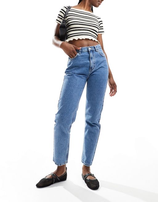 Pull&Bear - Mom jeans met hoge taille in medium blauw