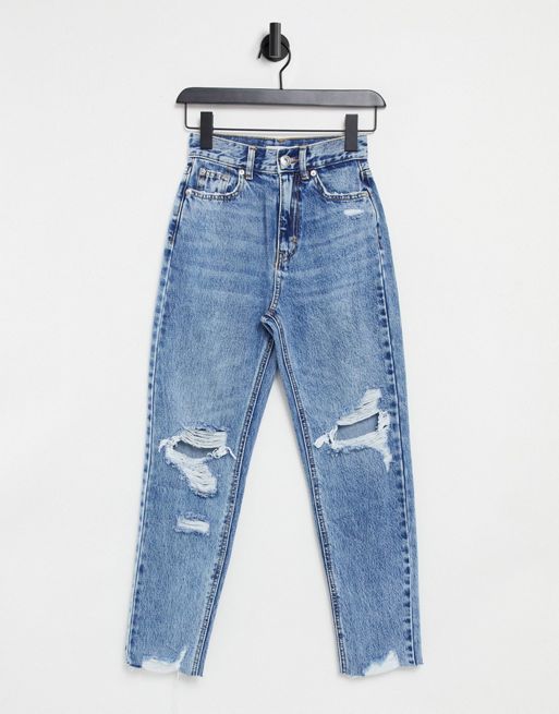 Pull&Bear - Mom jeans con strappi blu medio