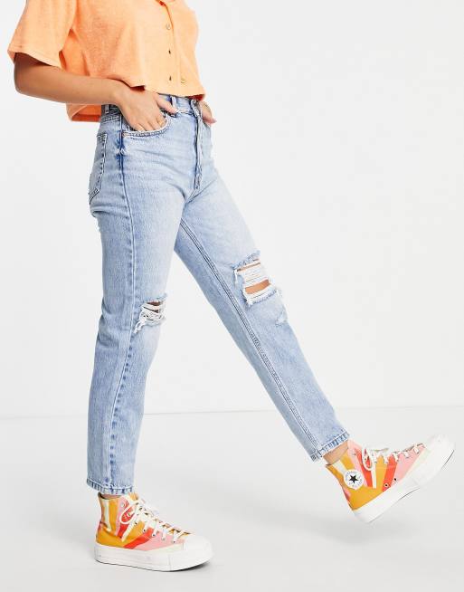 Pull Bear Mom Jeans With Rips In Light Blue Asos