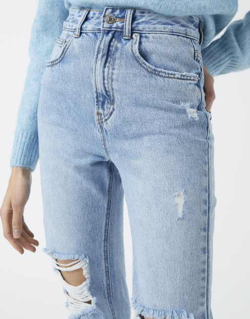 Pull Bear mom jeans with rips in medium blue