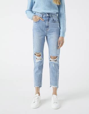 Pull\u0026Bear mom jeans with rips in medium blue | ASOS