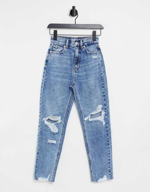 Pull&Bear mom jeans with rips in medium blue | ASOS