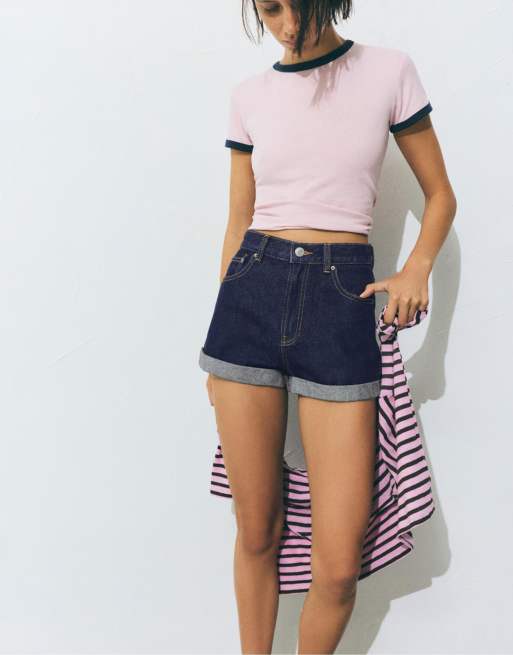 Pull&Bear – Mom-Jeansshorts in Marineblau mit umgeschlagenem Saum, 3 von 4