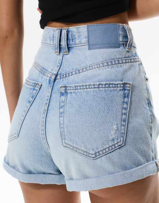 Pull&Bear - Mom shorts di jeans blu pallido con risvolto, 2 di 4