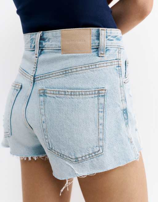 Pull&Bear - Mom shorts in denim blu pallido con strappi, 2 di 4