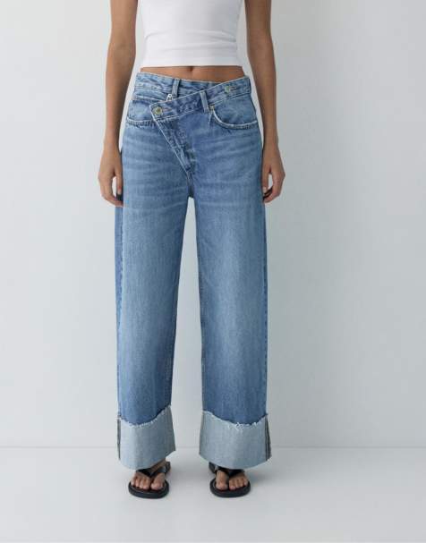 Pull&Bear – Mörkblå, baggy jeans med korsat midjeband - view 1