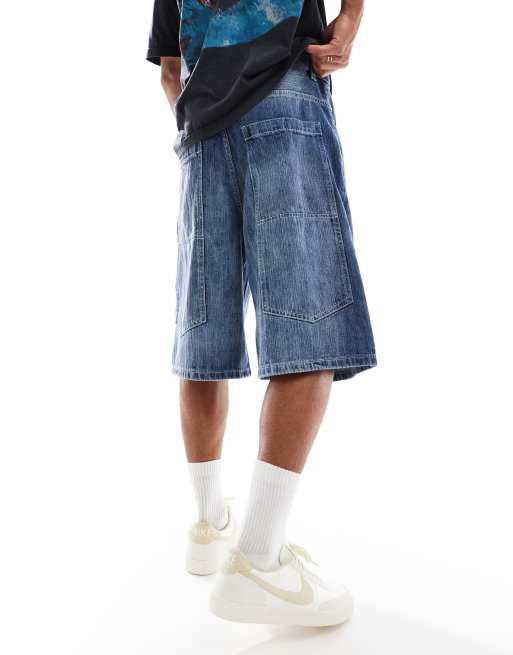 Pull&Bear – Mörkblå baggy jeansshorts med tvättad finish, 4 av 5