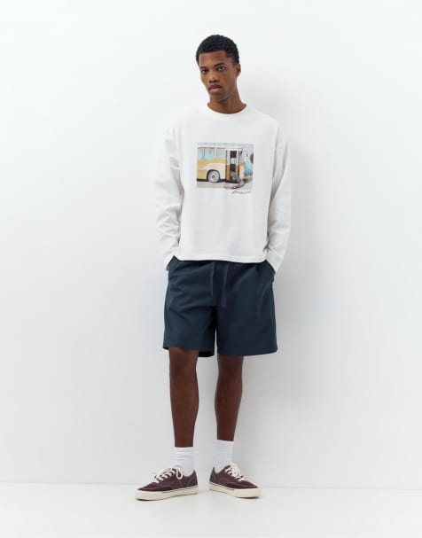 Pull&Bear – Mörkblå bermudashorts i linnemix - view 1