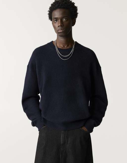 Pull&Bear – Mörkblå, fluffigt stickad tröja