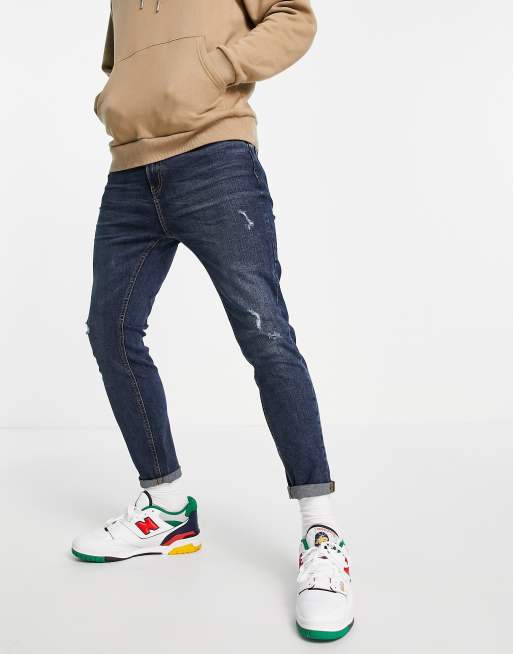 Pull&Bear – Mörkblå jeans i morotsmodell med revor