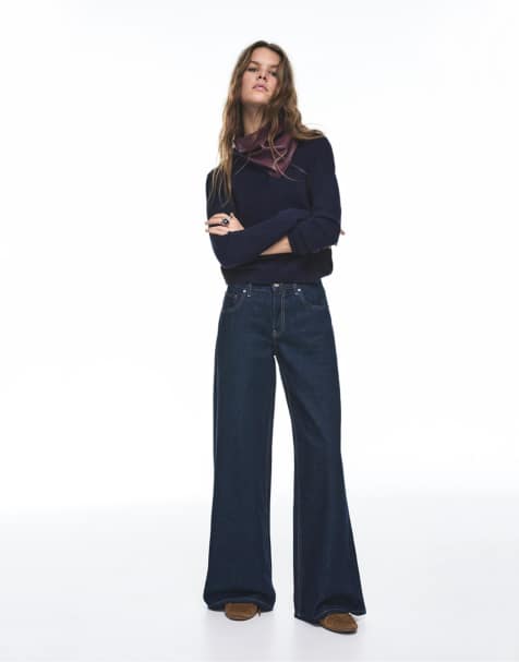 Pull&Bear – Mörkblå jeans med vida ben och låg midja - view 1