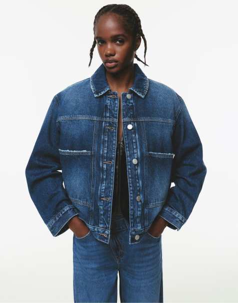 Pull&Bear – Mörkblå jeansjacka med vadderad väst på insidan - view 1