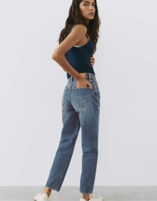 Pull&Bear – Mörkblå mom jeans med hög midja, 5 av 7